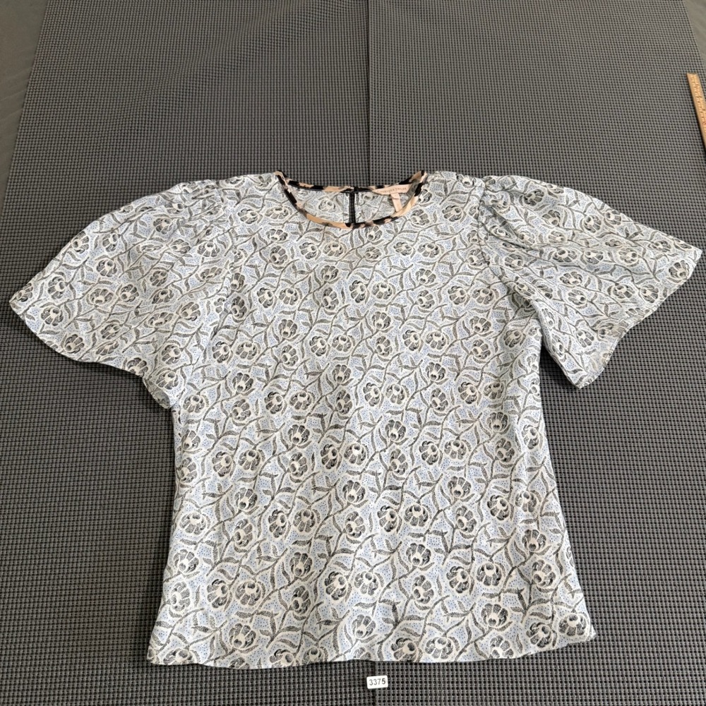 Rebecca Taylor Women Size 2 Blue Black Floral Puff Sleeve Blouse Top
